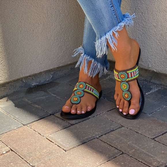 Urban Outfitters Shoes - Hand Beaded Boho Genuine Leather Thong Flat Sandal